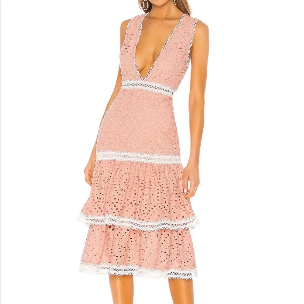 X BY NBD Laila Midi Dress in Beige Pink Size Medium Sexy Eyelet Date Party